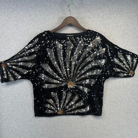Vintage D.G Blouse Top Womens Size 42 L Black Silver Sequined Short Sleeve Party - Picture 1 of 14